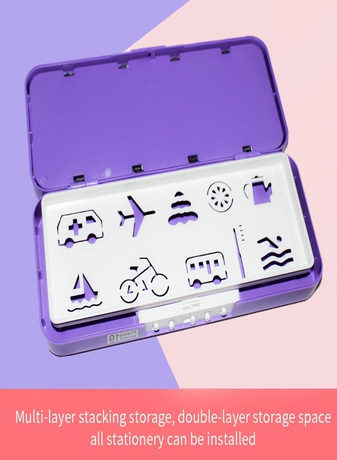 Global Impex Medium Size Plastic Basketball-Themed Pencil Box & Stationery Box with Lock, Compartment & Stencil Partition Tray for Drawing Airplane, Bus, Tea Jug, and More (Purple) Password Protected - Image 3